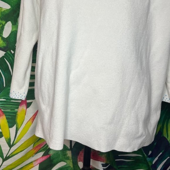 Vintage Victoria Jones 1X 90s White Winter Lightweight Beaded V Neck Sweater - Picture 6 of 9